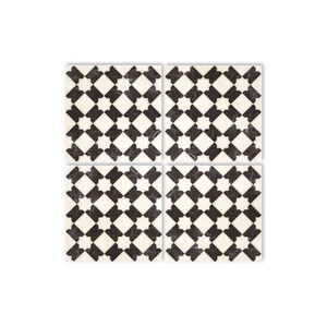 May include: Four black and white square tiles with a geometric pattern. The tiles have a distressed look, giving them a vintage feel.
