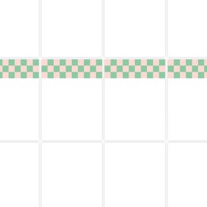 May include: White tile background with a decorative border of alternating pink and green squares. The checkered pattern adds a playful touch to the design. The tiles are arranged in a grid.