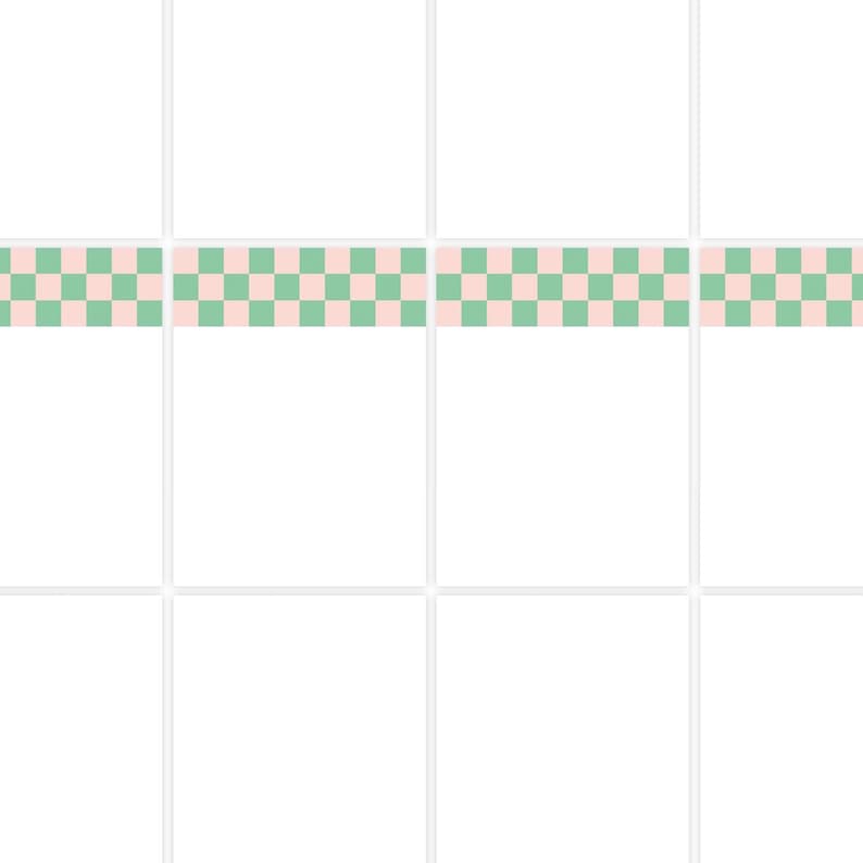 May include: White tile background with a decorative border of alternating pink and green squares. The checkered pattern adds a playful touch to the design. The tiles are arranged in a grid.