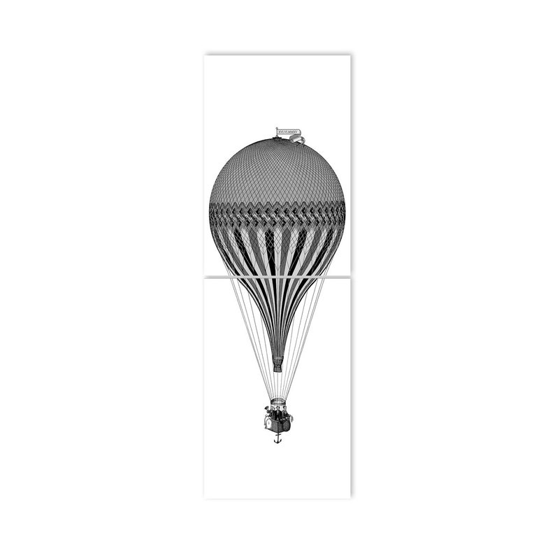 Peut inclure: Une illustration en noir et blanc d'une montgolfi&egrave;re avec une nacelle. Le ballon a un motif ray&eacute; et un filet.