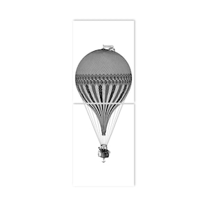 Peut inclure: Une illustration en noir et blanc d'une montgolfi&egrave;re avec un panier et une banni&egrave;re qui dit "Bon Voyage".