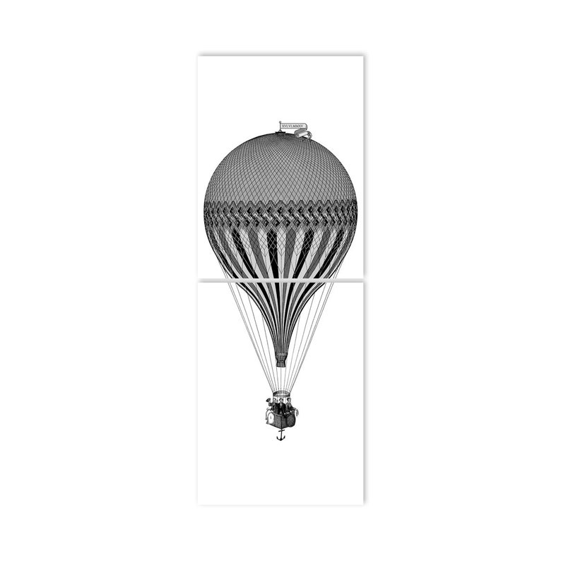 Peut inclure: Une illustration en noir et blanc d'une montgolfi&egrave;re avec un panier et une banni&egrave;re qui dit "Bon Voyage".