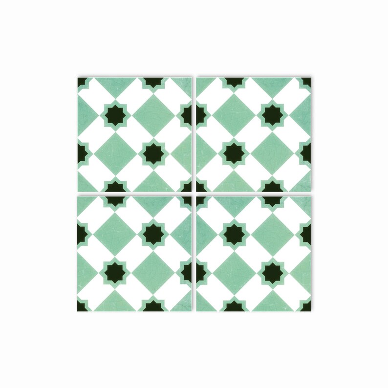 May include: Four square ceramic tiles with a repeating pattern of black stars on a white and green diamond background.
