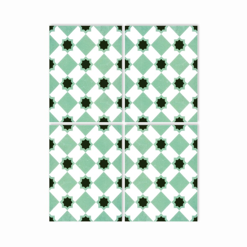 May include: Four square ceramic tiles with a repeating pattern of black stars on a white and light green diamond background.