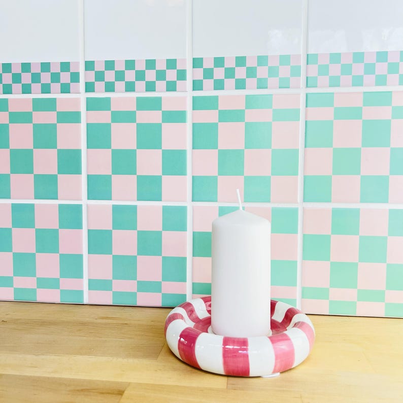 Peel and Stick Tile Border – Set of 12 – Checkerboard Mint Green Pink – Bathroom Kitchen – Dopamine Decor – Made in Germany image 8