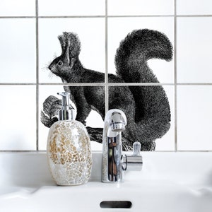 Puede incluir: Una ilustración en blanco y negro de una ardilla sobre un fondo de azulejos blancos. Un grifo plateado y un dispensador de jabón decorativo están en primer plano.