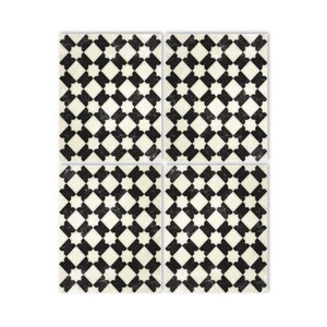 May include: Four black and white square tiles with a geometric pattern. The tiles have a distressed, vintage look.