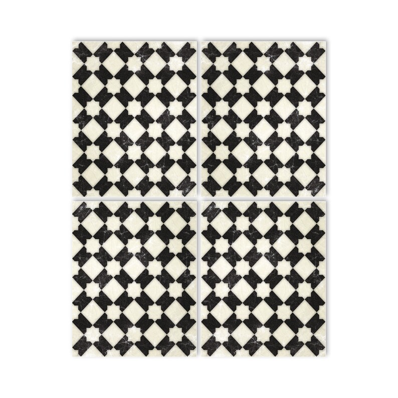 May include: Four black and white square tiles with a geometric pattern. The tiles have a distressed, vintage look.