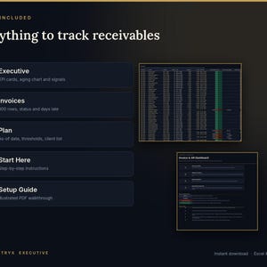 May include: A digital receivables tracking template featuring a dark interface with five numbered sections: Executive, Invoices, Plan, Start Here, and Setup Guide. It includes a data table and an Invoice & AR Dashboard for Excel and Google Sheets.