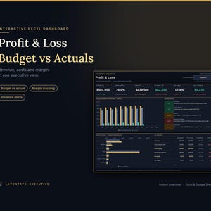 May include: An interactive Excel dashboard titled Profit & Loss Budget vs Actuals. The dark-themed interface displays financial data, including revenue, costs, and margin metrics, with bar charts, tables, and variance alerts for executive analysis.