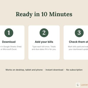 May include: A digital instructional graphic titled Ready in 10 Minutes with three steps: 1 Download, 2 Add your bills, and 3 Check them off. It includes text about Google Sheets, Microsoft Excel, and device compatibility, ending with the Lavontryx Home logo.