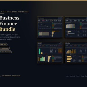May include: A Business Finance Bundle featuring four interactive Excel dashboards displayed on a dark background. The text includes 4 Interactive Excel Dashboards, Business Finance Bundle, Cash flow, profit and loss, receivables and sales in one executive toolkit, Save 29%, 4 dashboards, Instant download, Lavontryx Executive, and Excel & Google Sheets.