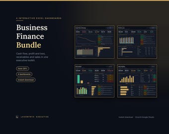 May include: A Business Finance Bundle featuring four interactive Excel dashboards displayed on a dark background. The text includes 4 Interactive Excel Dashboards, Business Finance Bundle, Cash flow, profit and loss, receivables and sales in one executive toolkit, Save 29%, 4 dashboards, Instant download, Lavontryx Executive, and Excel & Google Sheets.