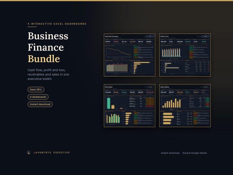 May include: A Business Finance Bundle featuring four interactive Excel dashboards displayed on a dark background. The text includes 4 Interactive Excel Dashboards, Business Finance Bundle, Cash flow, profit and loss, receivables and sales in one executive toolkit, Save 29%, 4 dashboards, Instant download, Lavontryx Executive, and Excel & Google Sheets.