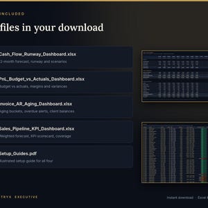 May include: A digital product display titled Five files in your download, listing five items: Cash_Flow_Runway_Dashboard.xlsx, PnL_Budget_vs_Actuals_Dashboard.xlsx, Invoice_AR_Aging_Dashboard.xlsx, Sales_Pipeline_KPI_Dashboard.xlsx, and Setup_Guides.pdf.