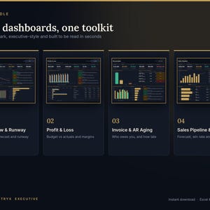 May include: A digital toolkit featuring four dark-themed executive dashboards titled The Bundle: Four dashboards, one toolkit. The sections include Cash Flow & Runway, Profit & Loss, Invoice & AR Aging, and Sales Pipeline & KPI with charts.