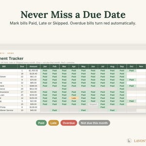 May include: A digital payment tracker spreadsheet titled Lavontryx Home. The table lists bills, due dates, and amounts, with monthly columns showing status labels like Paid, Late, or Skipped in green, orange, and grey cells respectively.