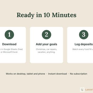 May include: A digital instructional graphic titled Ready in 10 Minutes with three numbered steps: 1 Download, 2 Add your goals, and 3 Log deposits. It includes text about Google Sheets, Microsoft Excel, and device compatibility.
