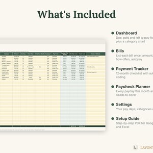 May include: A digital bill tracker spreadsheet titled My Bills with columns for bill name, category, amount, due day, frequency, autopay status, payment source, and costs. The right side lists features: Dashboard, Bills, Payment Tracker, Paycheck Planner, Settings, and Setup Guide.