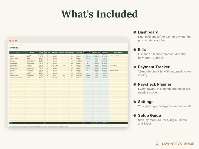 May include: A digital bill tracker spreadsheet titled My Bills with columns for bill name, category, amount, due day, frequency, autopay status, payment source, and costs. The right side lists features: Dashboard, Bills, Payment Tracker, Paycheck Planner, Settings, and Setup Guide.