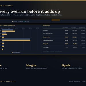 May include: A dark-themed financial dashboard titled Budget vs Actuals. It features a horizontal bar chart comparing actuals to budget, a P&L snapshot table with revenue and profit data, and sections for Variance, Margins, and Signals.