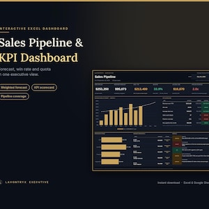 May include: An interactive Excel dashboard titled Sales Pipeline & KPI Dashboard. The dark interface displays financial data, bar charts, and metrics including weighted forecast, win rate, and quota in a professional executive view.
