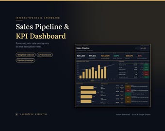 May include: An interactive Excel dashboard titled Sales Pipeline & KPI Dashboard. The dark interface displays financial data, bar charts, and metrics including weighted forecast, win rate, and quota in a professional executive view.