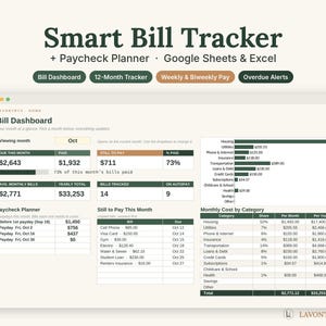 May include: A digital Smart Bill Tracker and Paycheck Planner spreadsheet for Google Sheets and Excel. The interface displays a Bill Dashboard with monthly totals, a paycheck schedule, a list of bills to pay, and a monthly cost breakdown.