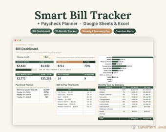 May include: A digital Smart Bill Tracker and Paycheck Planner spreadsheet for Google Sheets and Excel. The interface displays a Bill Dashboard with monthly totals, a paycheck schedule, a list of bills to pay, and a monthly cost breakdown.