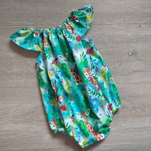 Giraffe Playsuit Flutter Sleeves Baby Shower Gift Newborn Outfit Bubble Romper Baby Clothes Green Giraffe Sunsuit Take Home Outfit Floral