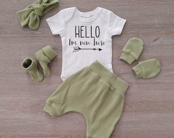 Hello world bodysuit,I'm new  going home outfit, newborn announcement hello outfit, baby mittens, newborn hat, newborn baby sage green set