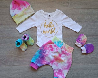Hello world tie-dyed  going home outfit, newborn announcement outfit, hello world outfit, baby mittens, newborn hat, newborn tie-dyed set