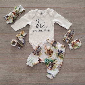 And so the adventure begins going home outfit, newborn announcement outfit, hello world outfit, baby mitten, newborn hat, jungle newborn set
