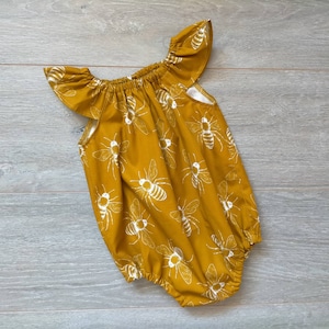 Mustard bees romper, mustard bee dress, buzzy bee romper, buzzy bee dress, honey bee romper, honey bee dress