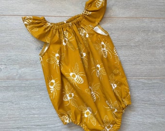 Mustard bees romper, mustard bee dress, buzzy bee romper, buzzy bee dress, honey bee romper, honey bee dress