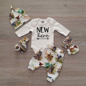 And so the adventure begins going home outfit, newborn announcement outfit, hello world outfit, baby mitten, newborn hat, jungle newborn set