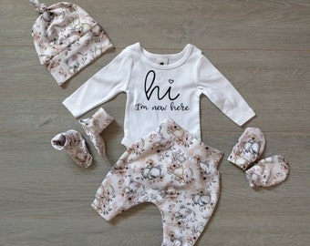 Hello world bodysuit,I'm new  going home outfit, newborn announcement hello outfit, baby mittens, newborn hat, newborn pink floral koala set