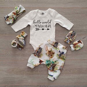 And so the adventure begins going home outfit, newborn announcement outfit, hello world outfit, baby mitten, newborn hat, jungle newborn set