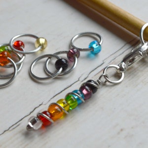 Rainbow Beaded Stitch Markers for Knitting: Silver Wire, Multiple Sizes