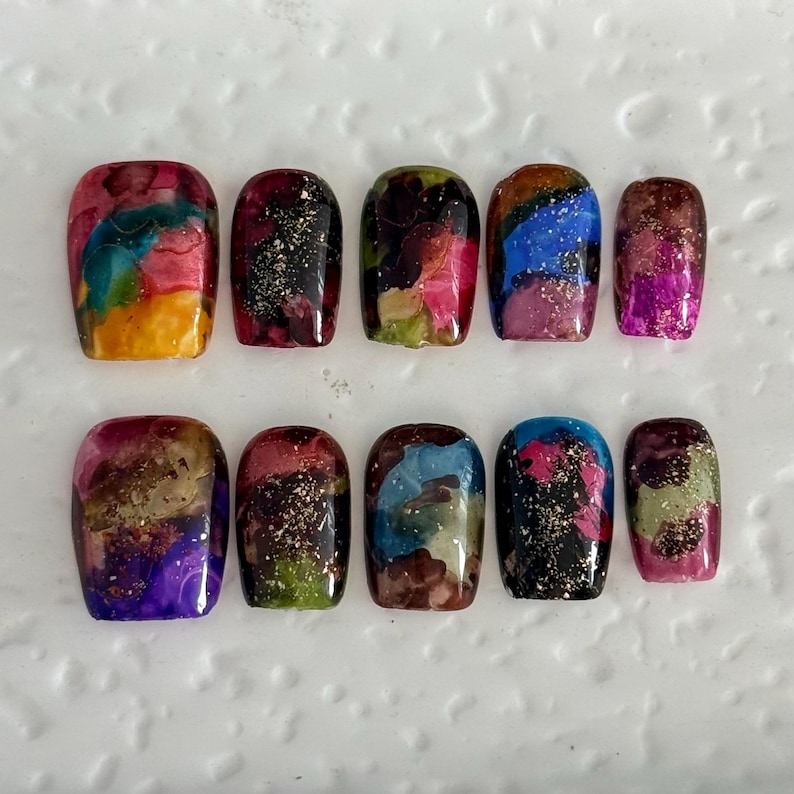 Hand-painted Oil Painting Ombre Press on Nails, Unique Handmade Short ...