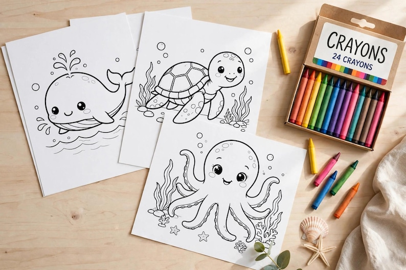 Ocean Animals Coloring Pages Printable Bundle, 15 Sea Creature Coloring