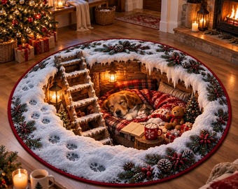May include: A round rug featuring a 3D-style illustration of a snowy winter scene with a wooden ladder leading down into a cozy den where a golden dog and a cat sleep together on a plaid blanket next to a teddy bear, a book, and a mug.