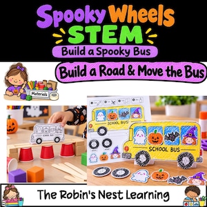 May include: Educational STEM activity set titled Spooky Wheels STEM Build a Spooky Bus and Build a Road & Move the Bus. Includes printed paper school bus templates, paper cutouts of ghosts, pumpkins, bats, and witches, plus wooden blocks and red cups.