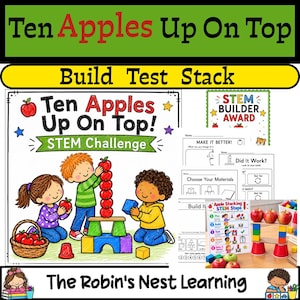 May include: Educational STEM challenge activity titled Ten Apples Up On Top featuring a cartoon illustration of children stacking red apples on blocks, alongside printable worksheets, a STEM builder award certificate, and a step-by-step guide.