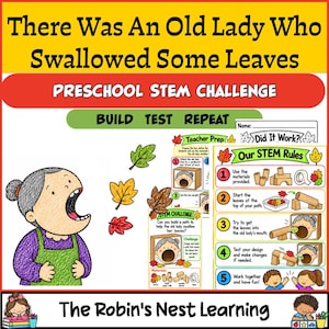 May include: Educational activity set titled There Was An Old Lady Who Swallowed Some Leaves Preschool STEM Challenge. Includes a cartoon illustration of an old lady, colorful leaves, and instructional worksheets with rules and steps for building a path.