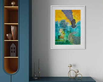 Original Mixed Media Painting, Turquoise Yellow Orange Abstract Collage, Contemporary Figurative Wall Art Decor