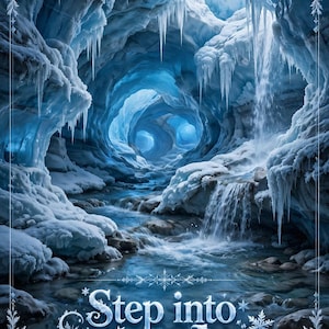 Puede incluir: Un póster vertical que muestra una cueva de hielo azul con carámbanos colgantes y un arroyo. El texto en la parte superior dice Glacier Wonder, Nature Print, Ice Cave. El texto en la parte inferior dice Step into wonder, Explore the frozen caverns, Where water flows through ice, Serene & calm.