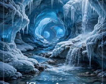 May include: A vertical poster featuring a blue ice cave with hanging icicles and a flowing stream. Text at the top reads Glacier Wonder, Nature Print, Ice Cave. Text at the bottom reads Step into wonder, Explore the frozen caverns, Where water flows through ice, Serene & calm.