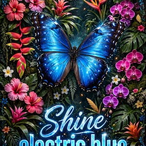 Puede incluir: Una gran mariposa de color azul eléctrico vibrante con alas bordeadas de negro se encuentra en el centro de un exuberante jardín tropical. La escena presenta hibiscos rosas, orquídeas moradas y follaje verde. El texto "Shine electric blue" aparece en letras azules brillantes.