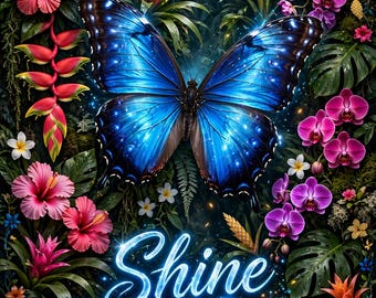 May include: A large, vibrant electric blue butterfly with black-edged wings is centred amidst a lush tropical garden. The scene features pink hibiscus, purple orchids, and green foliage. The text "Shine electric blue" appears in glowing blue letters.